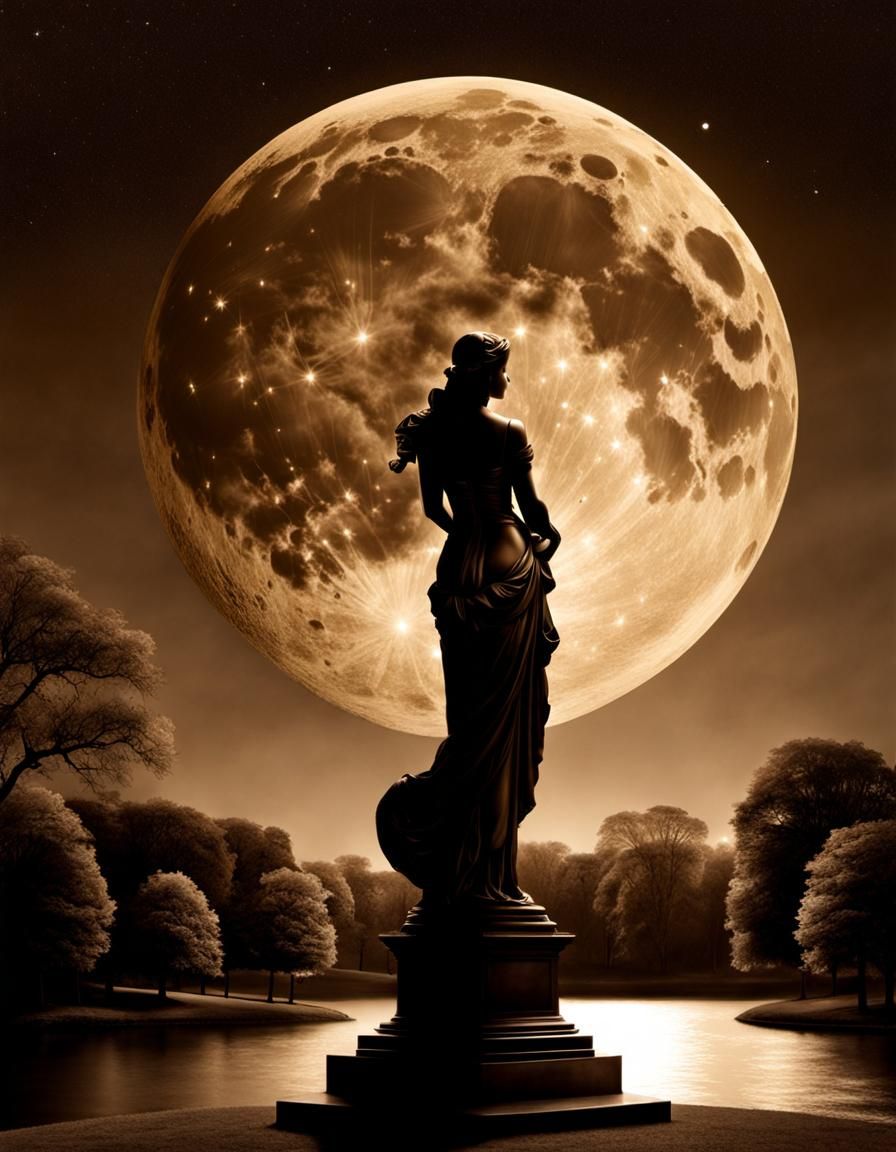 Moonlit Sepia Statue: Photorealistic Art Illusion
