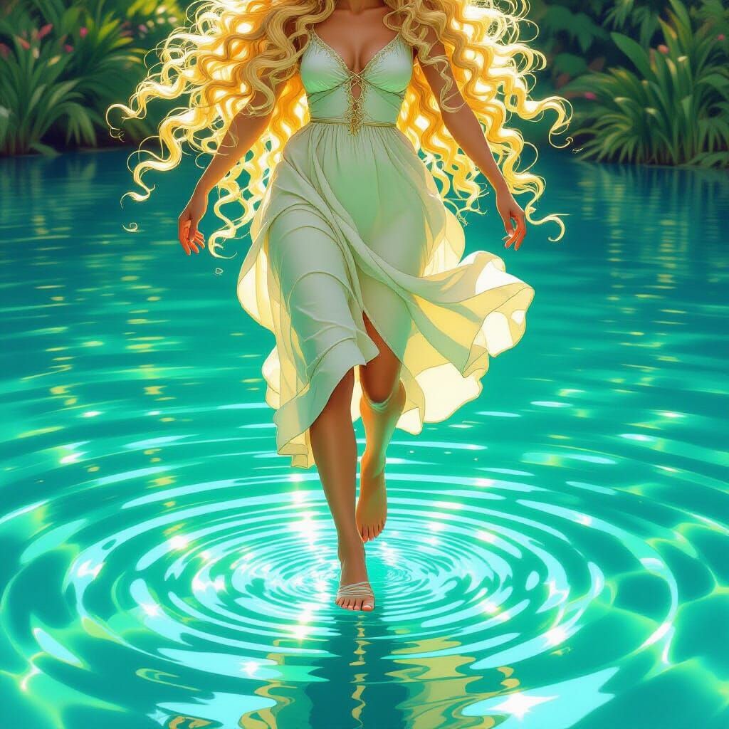 Water Sprite Gliding Over Turquoise Lake in Ethereal Light