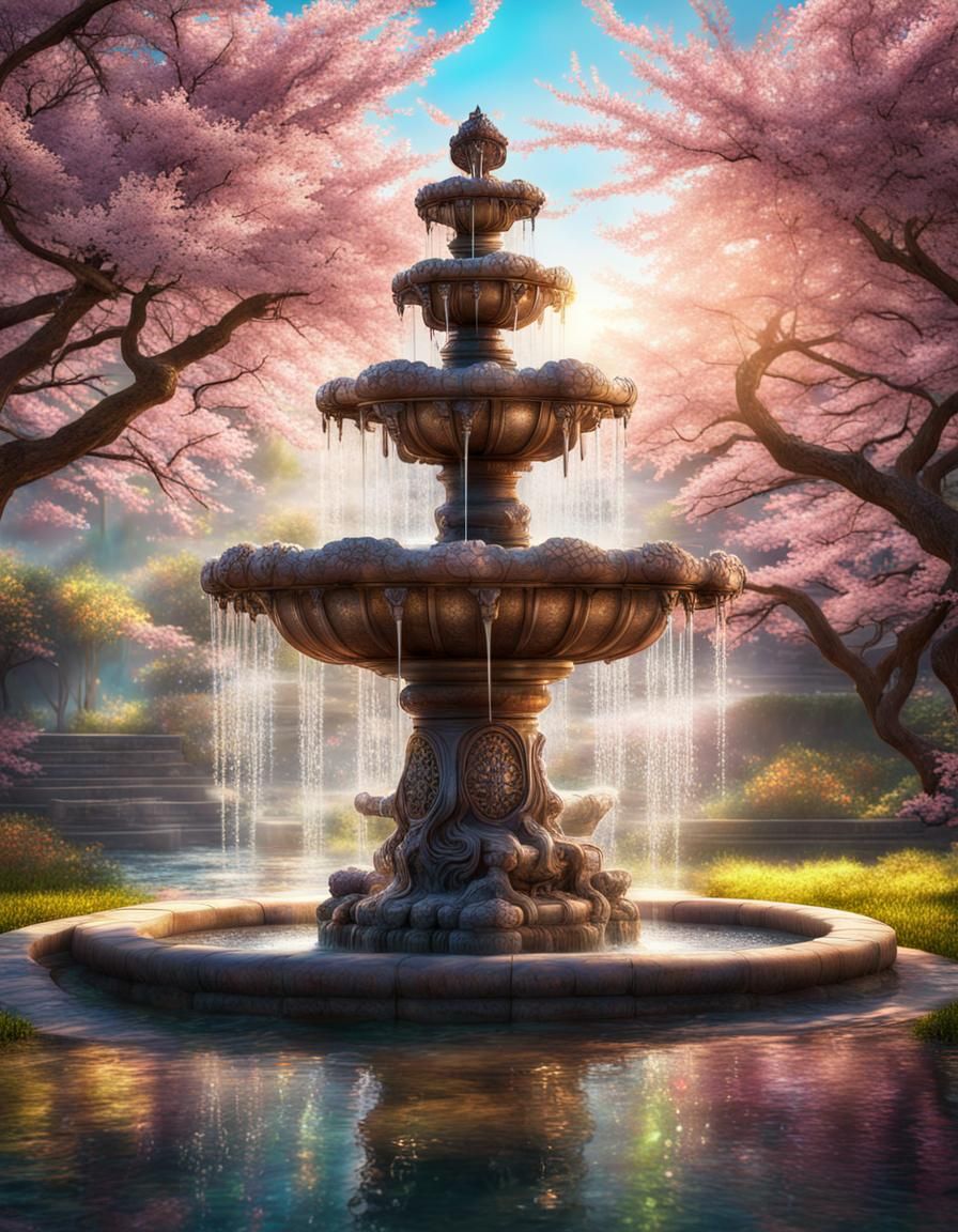 Asian Water Fountain in a Jeweled Garden