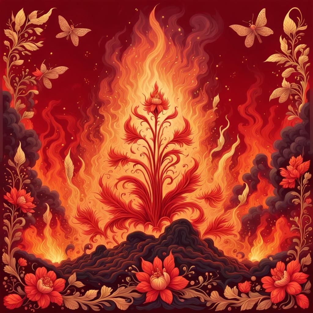 Inferno Flame Flowers in Palekh Style