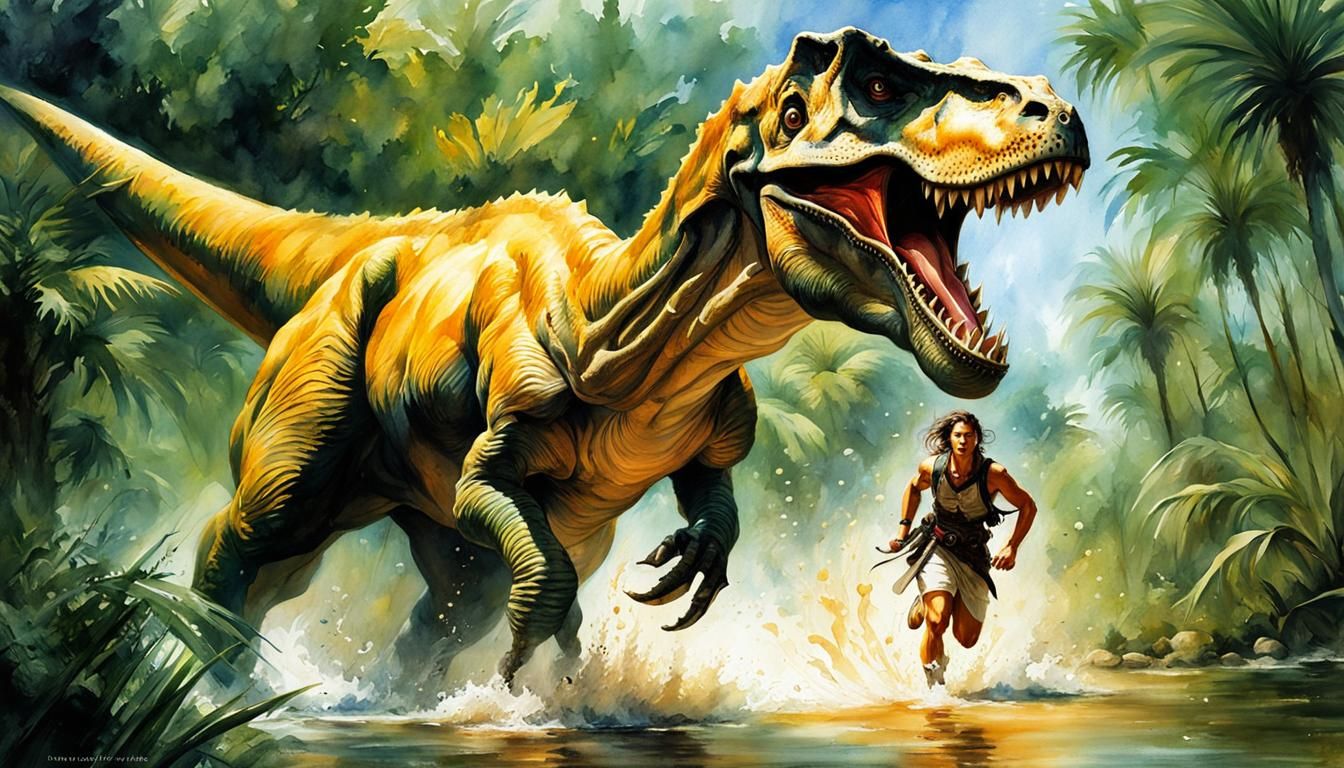 Dinosaur Chase in a Vibrant Watercolor Swamp