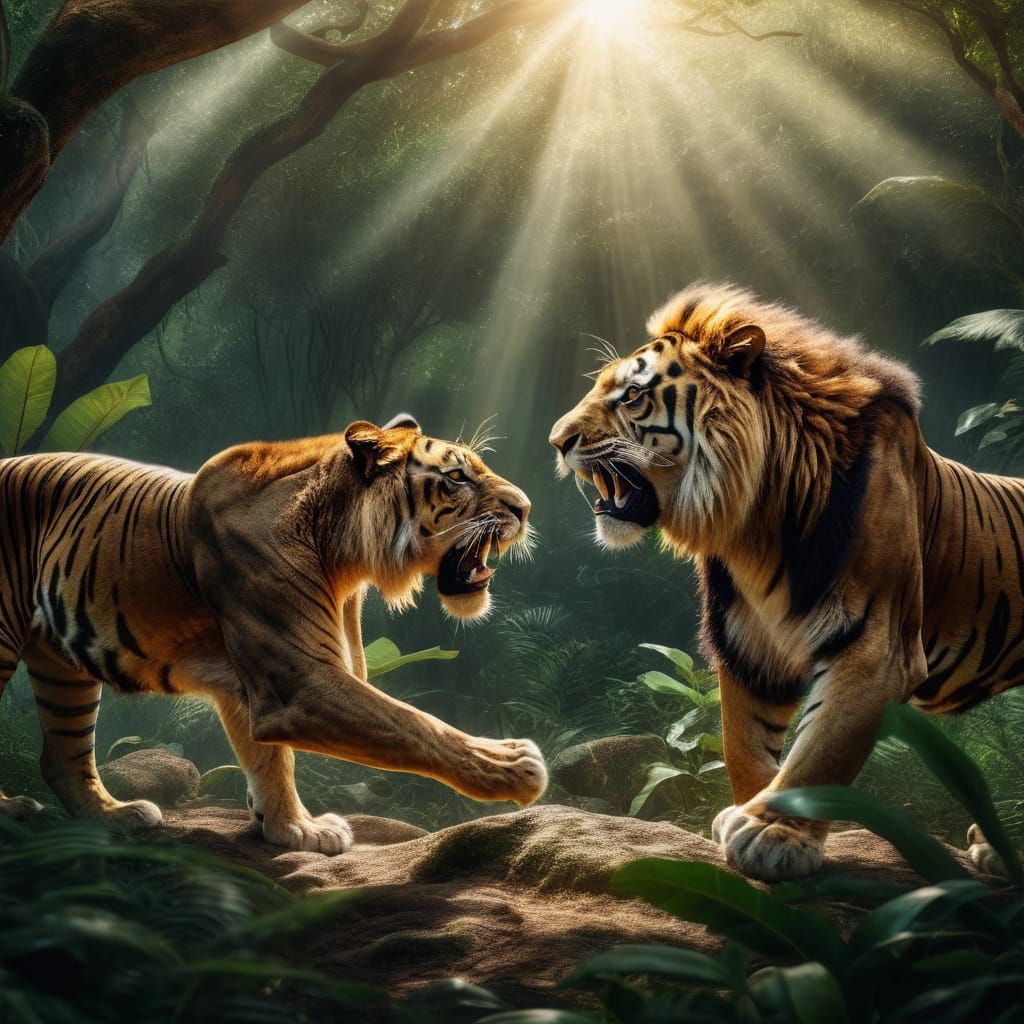 Lion and Tiger Fight in Jungle Wildlife Art
