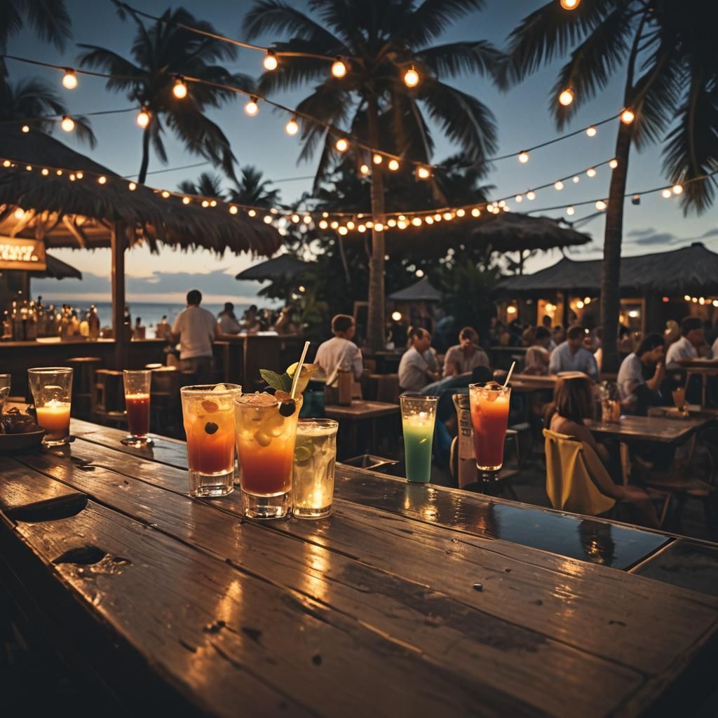 Illuminated Beach Bar at Twilight: Cinematic Still