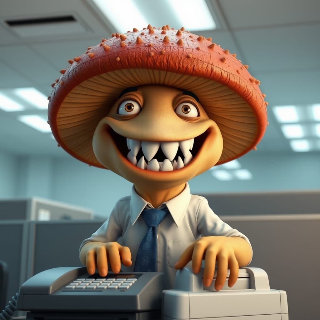 Anthropomorphic Mushroom Leans on Fax Machine: 3D CGI