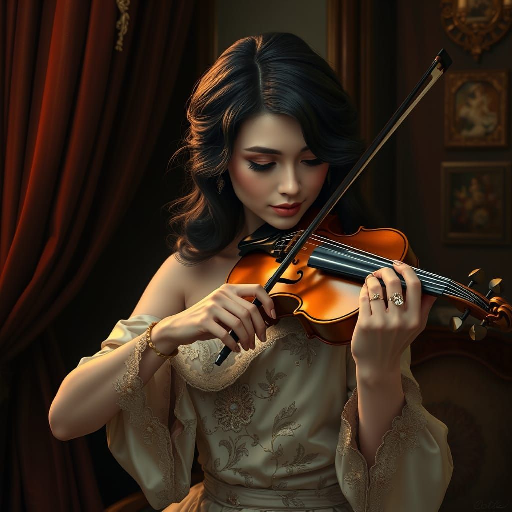 Woman Playing Violin in Luxurious Room, Futuristic Style