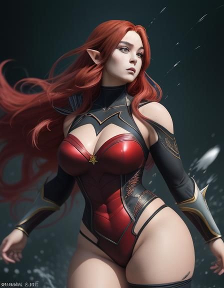 Curvy body, anime, woman, beautiful, red hair, vampire, gothic, elf,