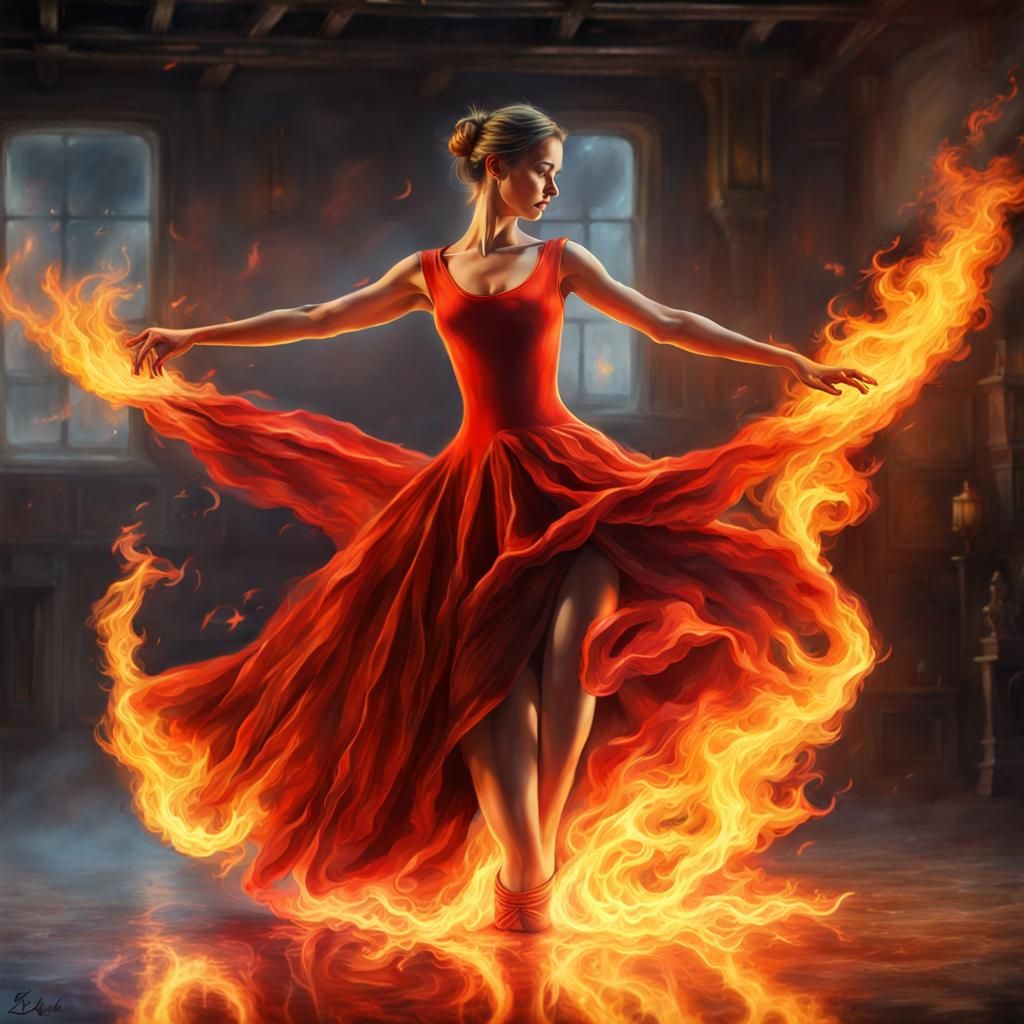 Woman Dancing with Fire: Photorealistic Art Photography