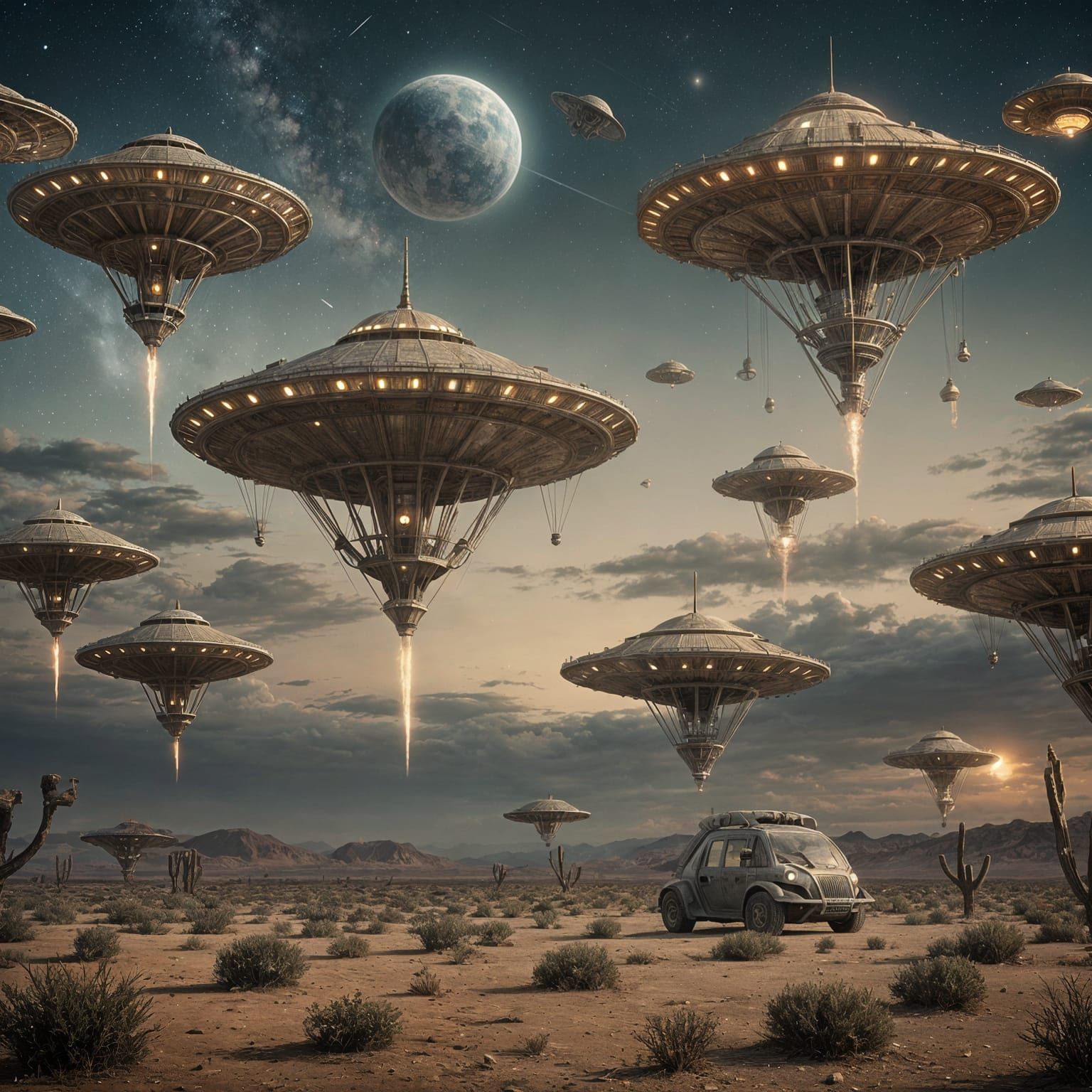 Teslapunk Machines in Calm Desert Landscape