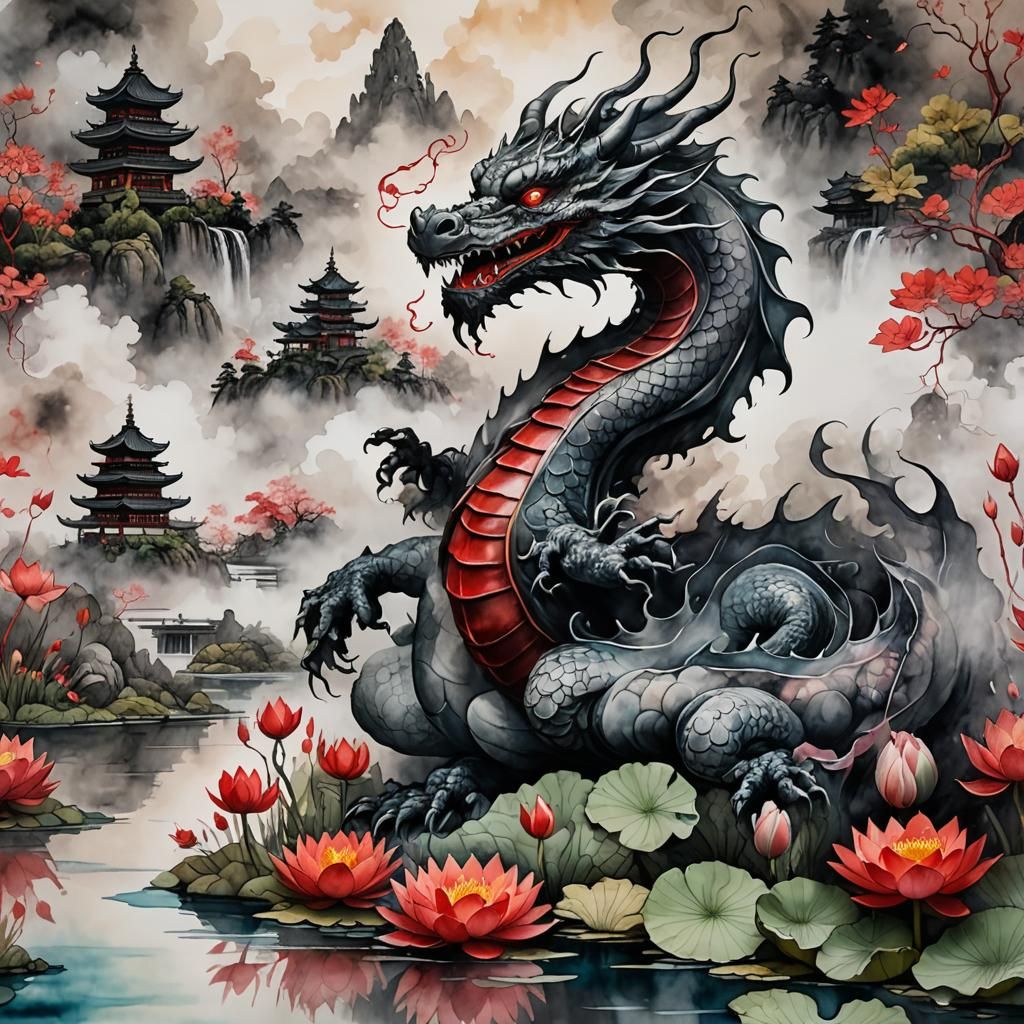 Ethereal Smoke Dragon Wrapped Around Japanese Pagodas