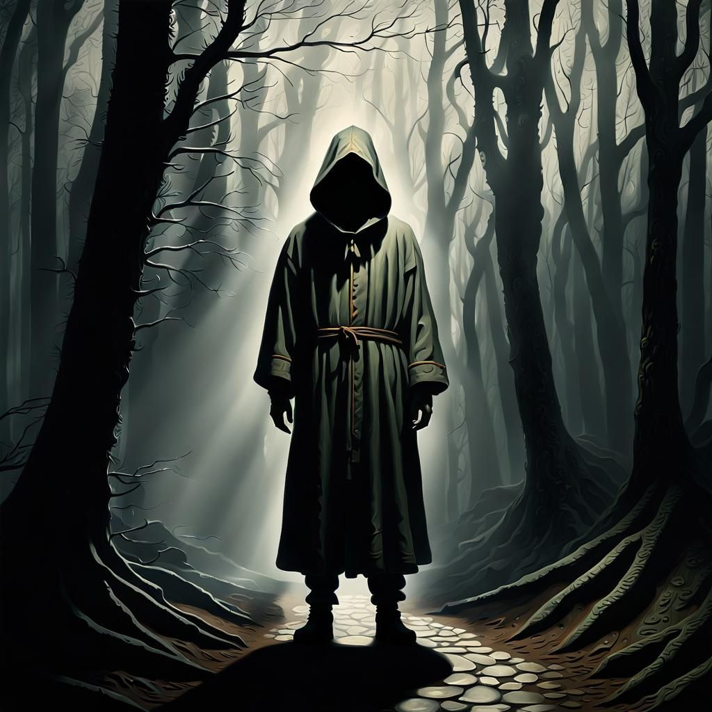 Mysterious Hooded Figure in Misty Forest Oil Painting
