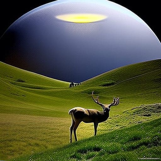 Bioluminescent Deer Leaping in Misty Landscape