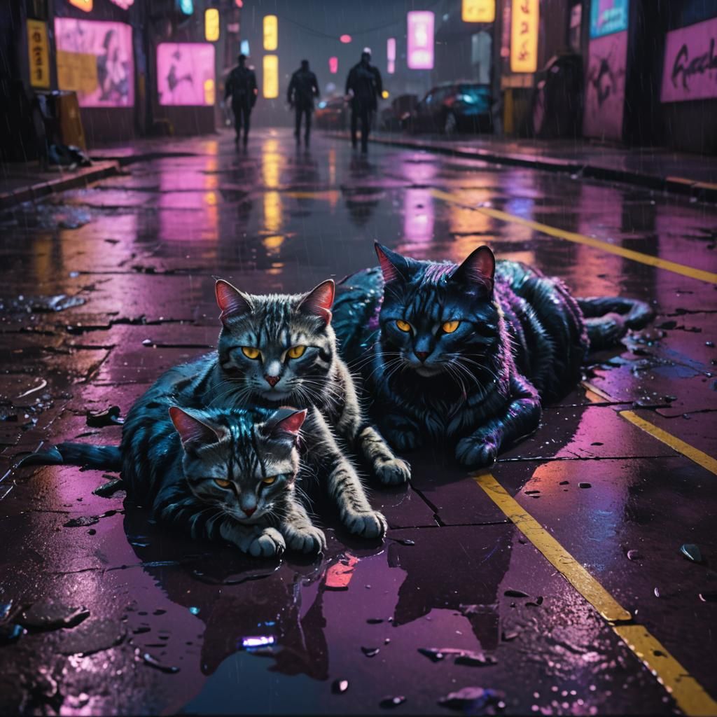 Three cats sleeping: Cyberpunk Version