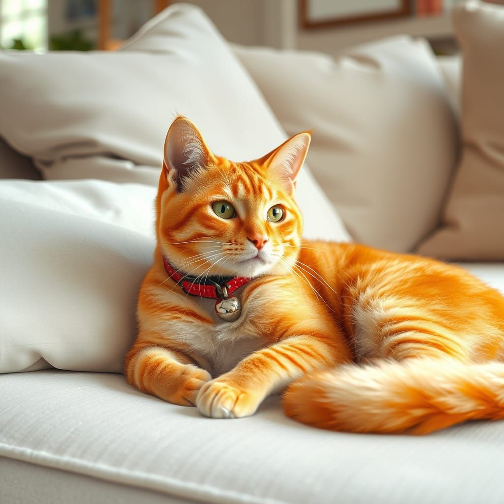 Orange Tabby Cat on Couch in Watercolor Style
