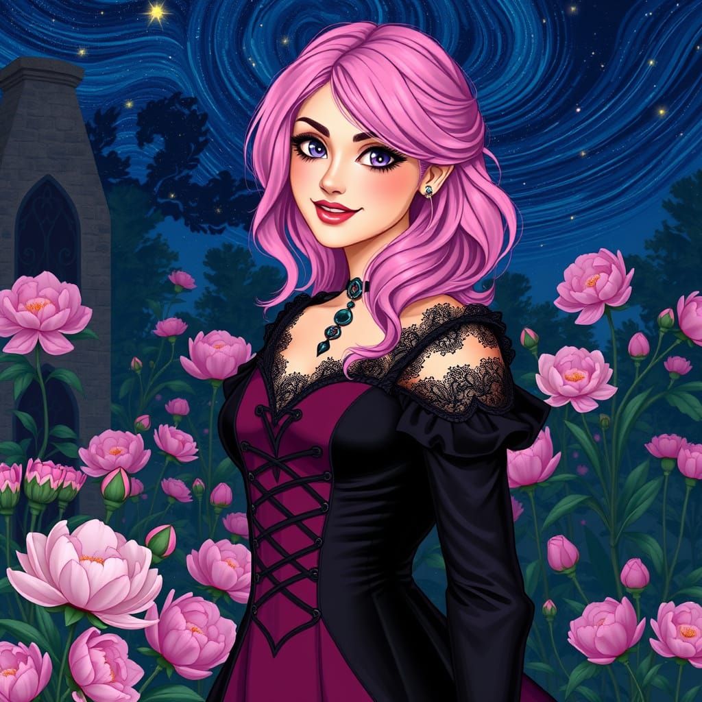 Woman with Pink Hair in Peony Garden at Night