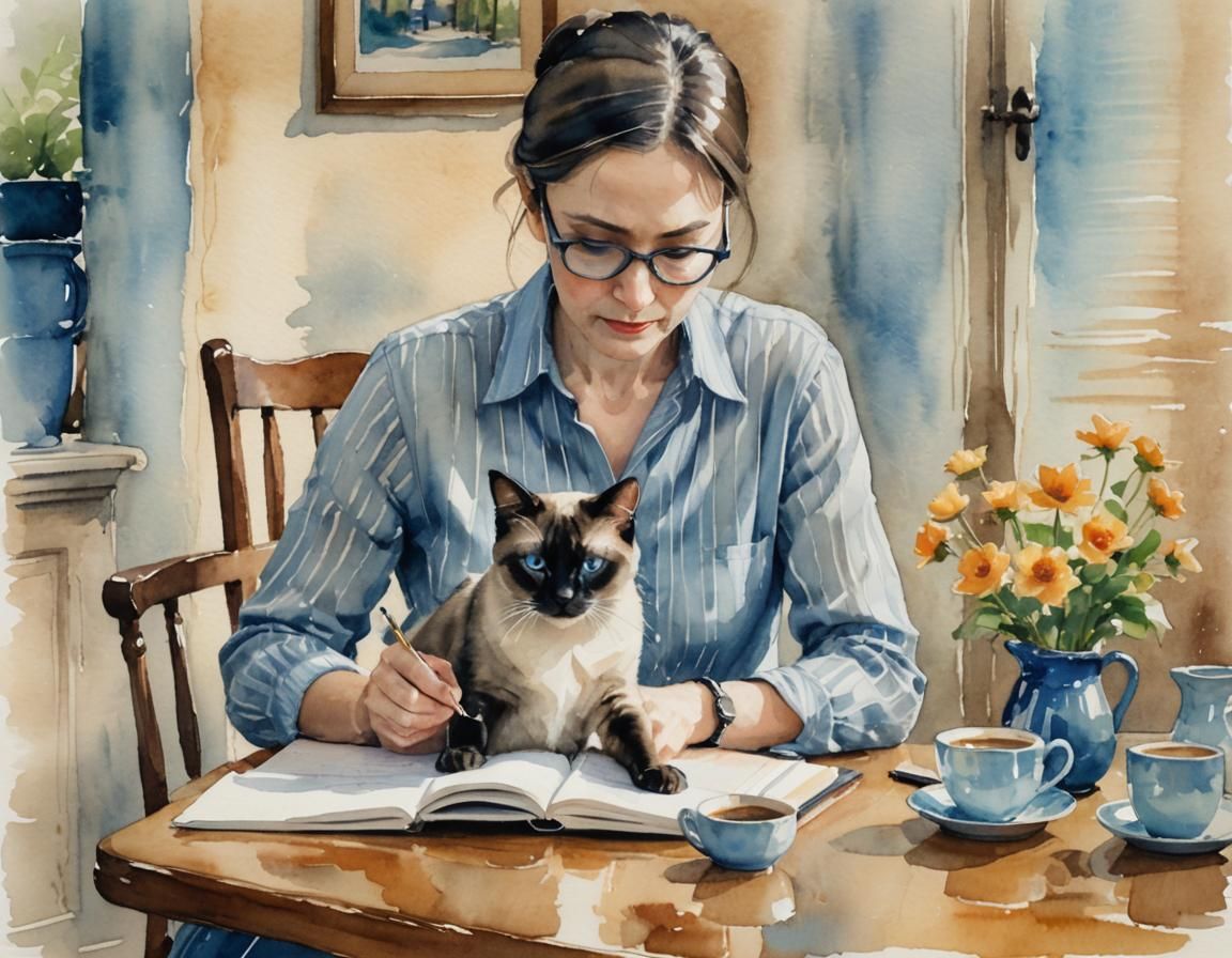 Woman Writing with Siamese Cat in Watercolor Style