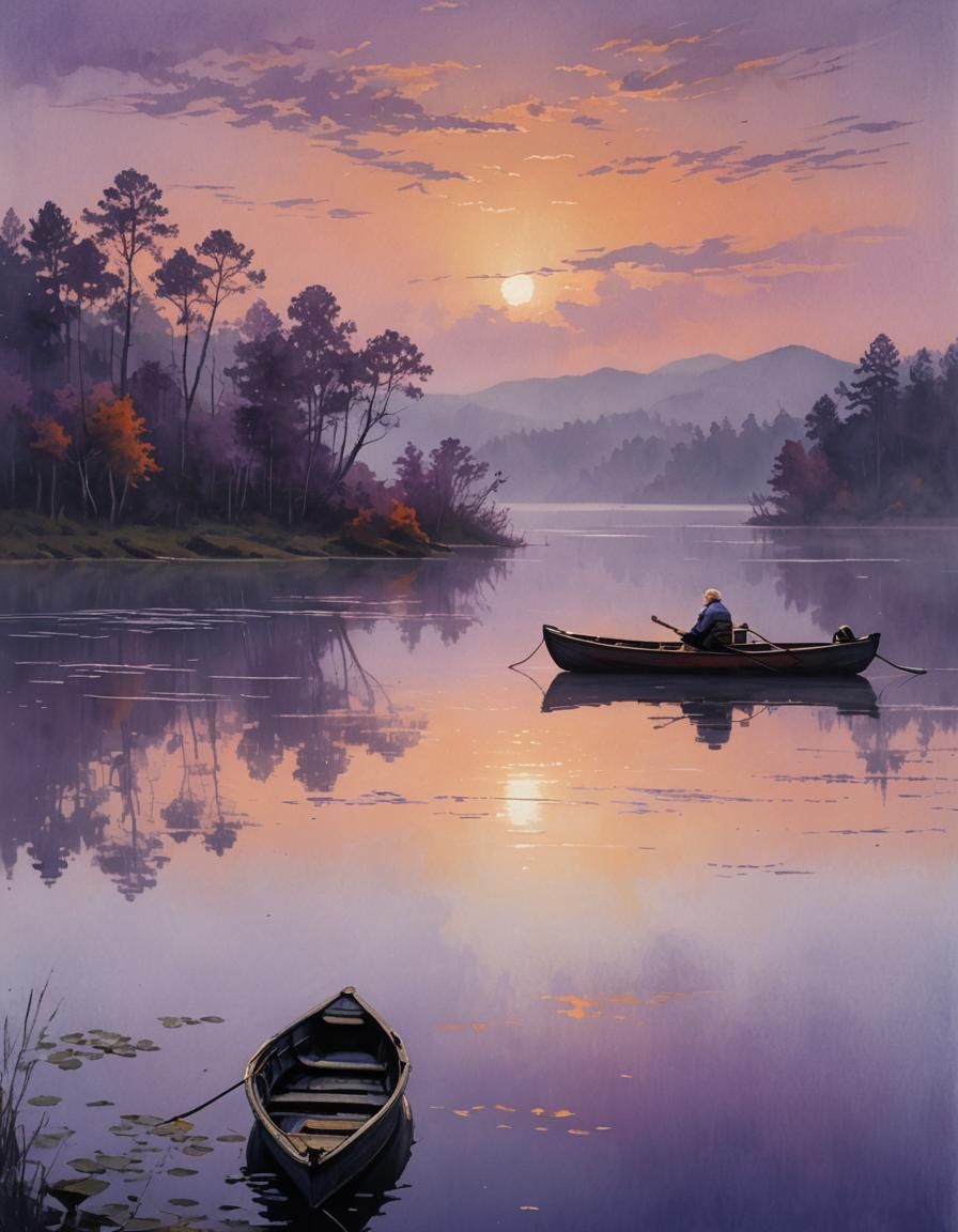 Misty Lake at Daybreak in Gouache Style