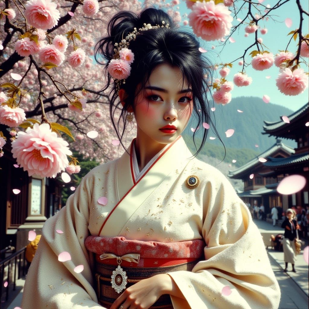 Surreal Geisha Samurai in Cherry Blossom Temple