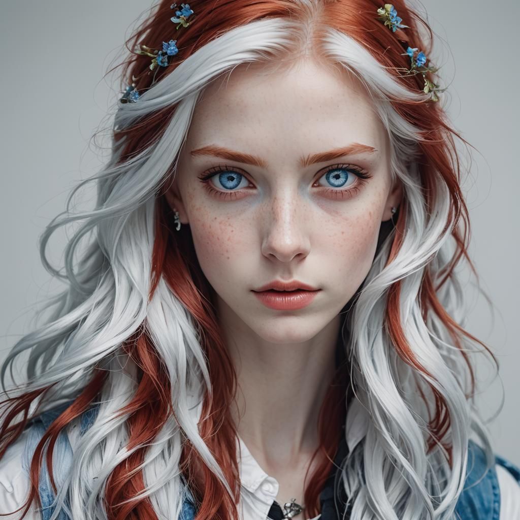 Woman with White and Red Hair, Blue Eyes