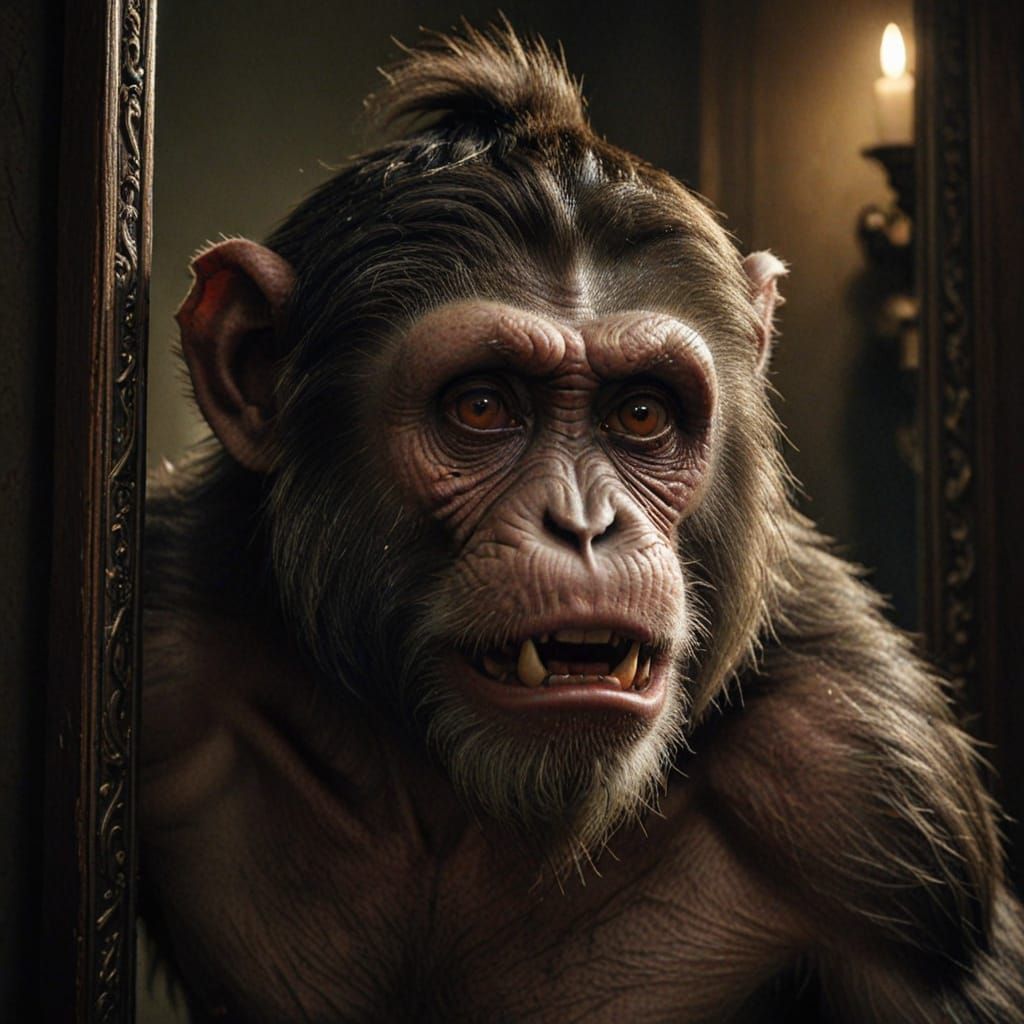 Eerie Dark Fantasy: Man, Mirror, and Monkey