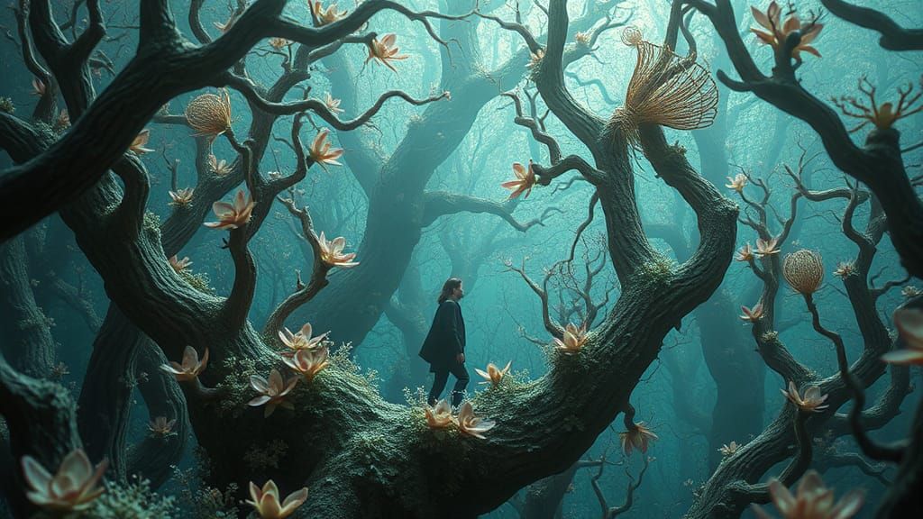 Person Floats in Glass Forest: Digital Oil Painting