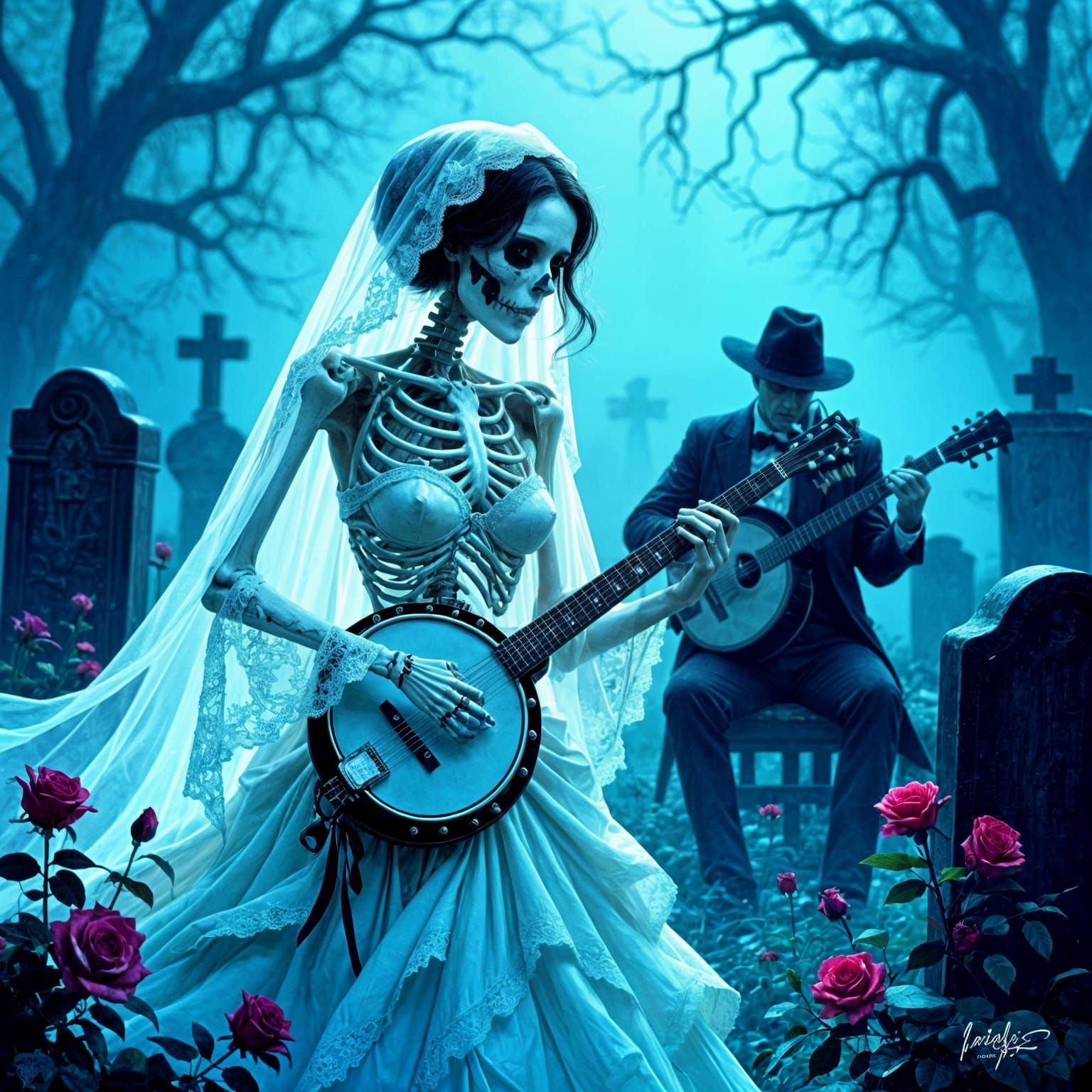 A hauntingly beautiful skeleton bride, her delicate bones adorned with tattered lace and spectral roses, floats through ...