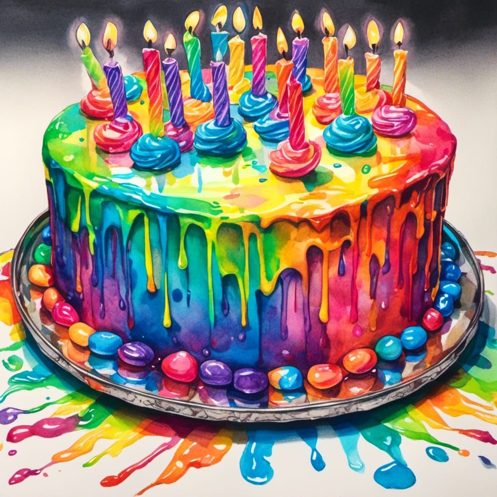 Iridescent Rainbow Birthday Cake in Marker Drawing