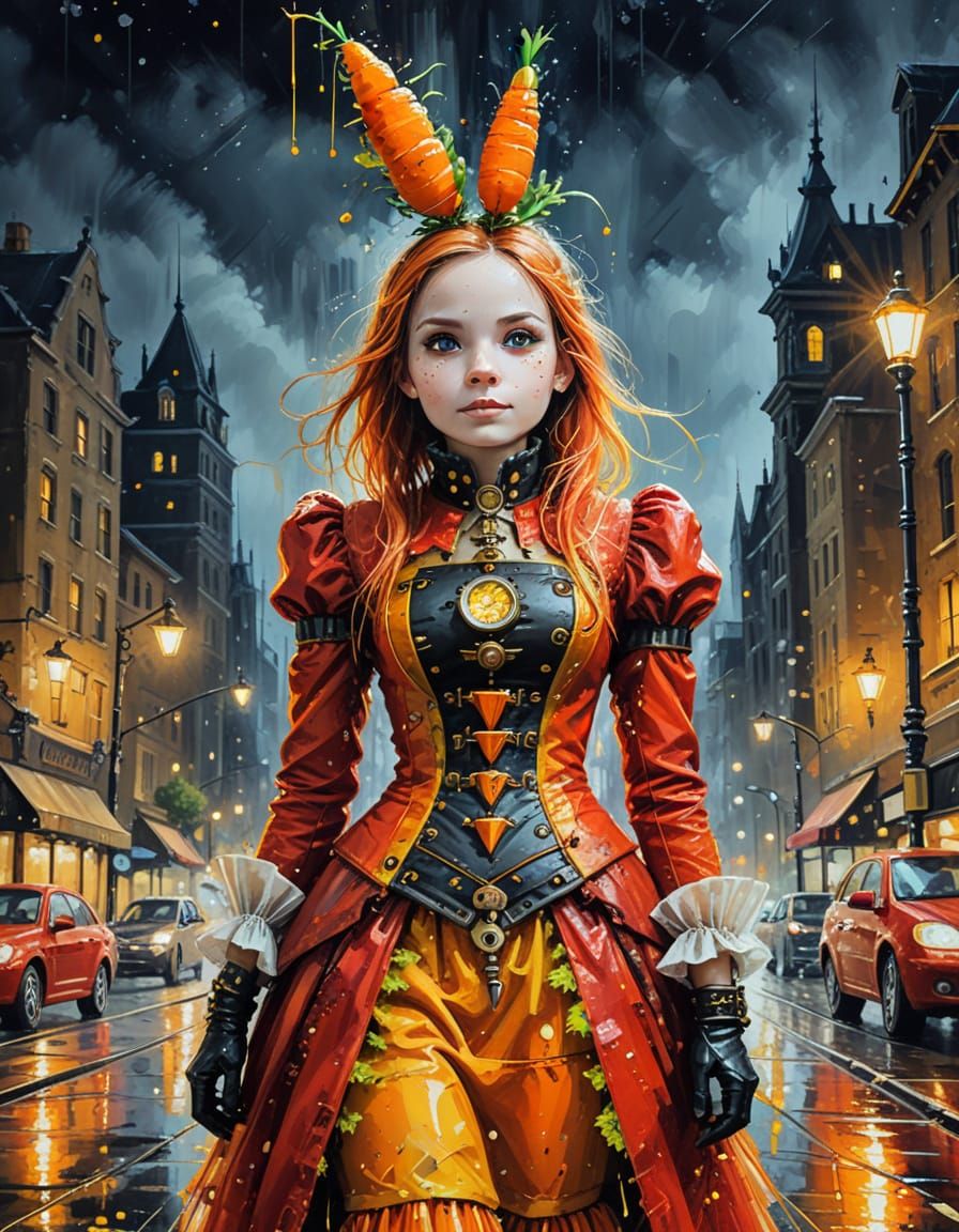 Steampunk Carrot in Red Dress Oil Painting