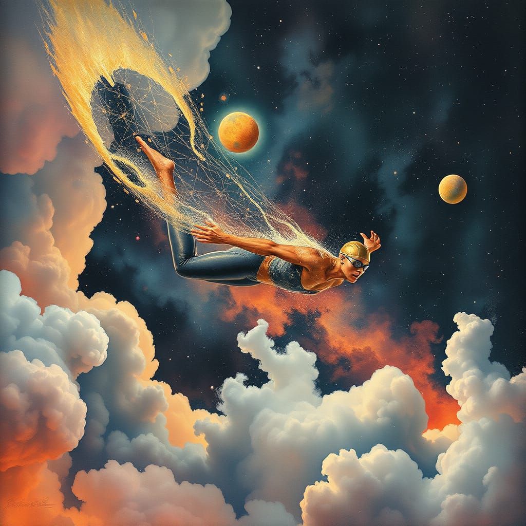 Surreal Cosmic Swimmer in Dreamlike, Starry Expanse