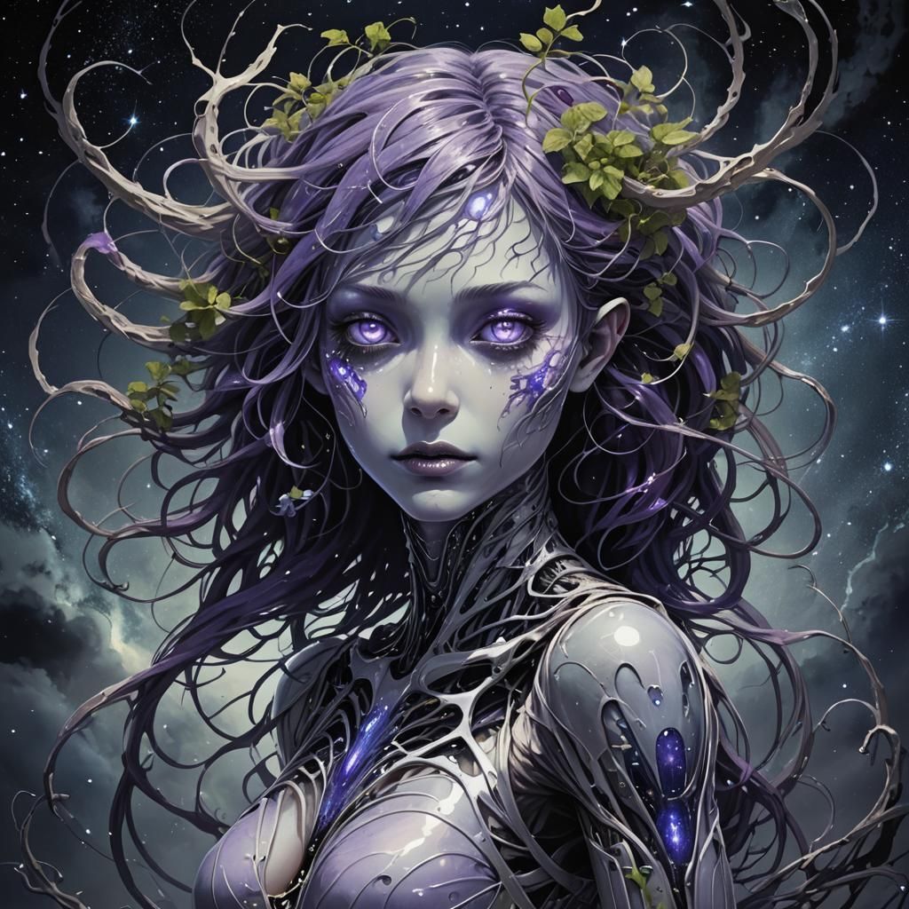 Cosmic Horror: Violet-Eyed Alien with Spaceship