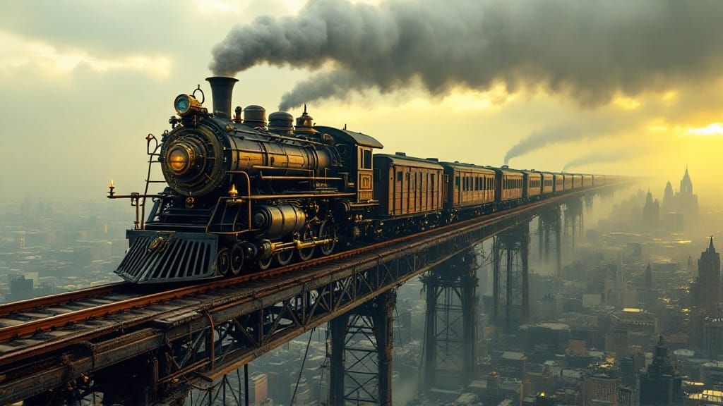 Majestic Steampunk Skytrain in Industrial Aesthetic