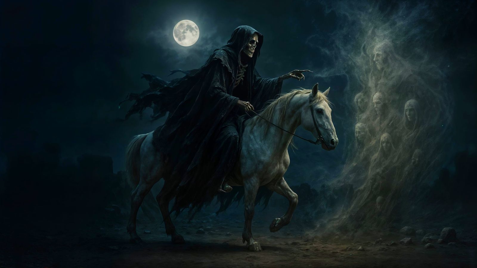 Grim Reaper Rides Through a Moonlit Wasteland