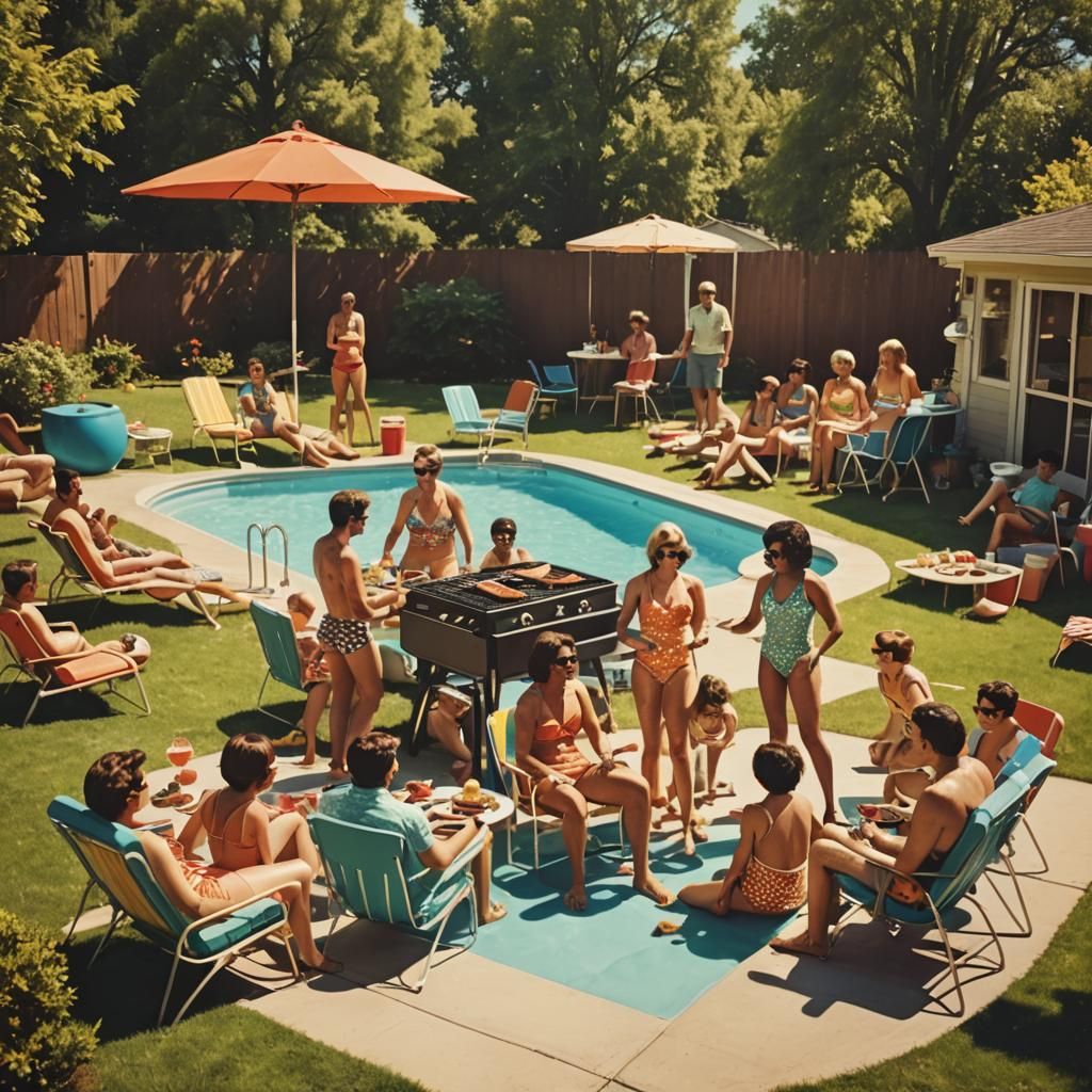 Large 1970s backyard BBQ, pool party setting with three diverse families.