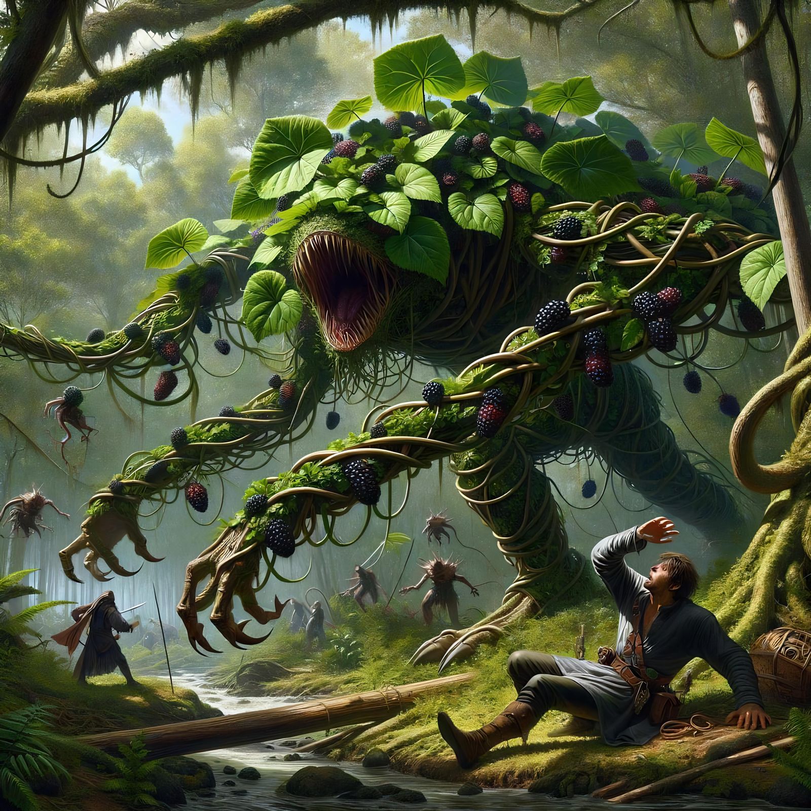 Fantasy Assassin Vine Attacks Adventurer in Swamp