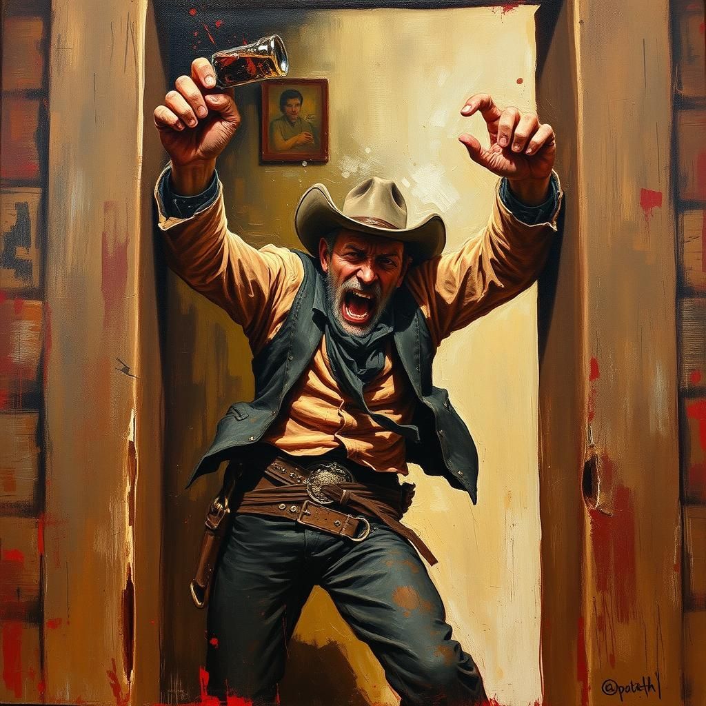 Drunk Cowboy Crash in Art Brut Oil Painting