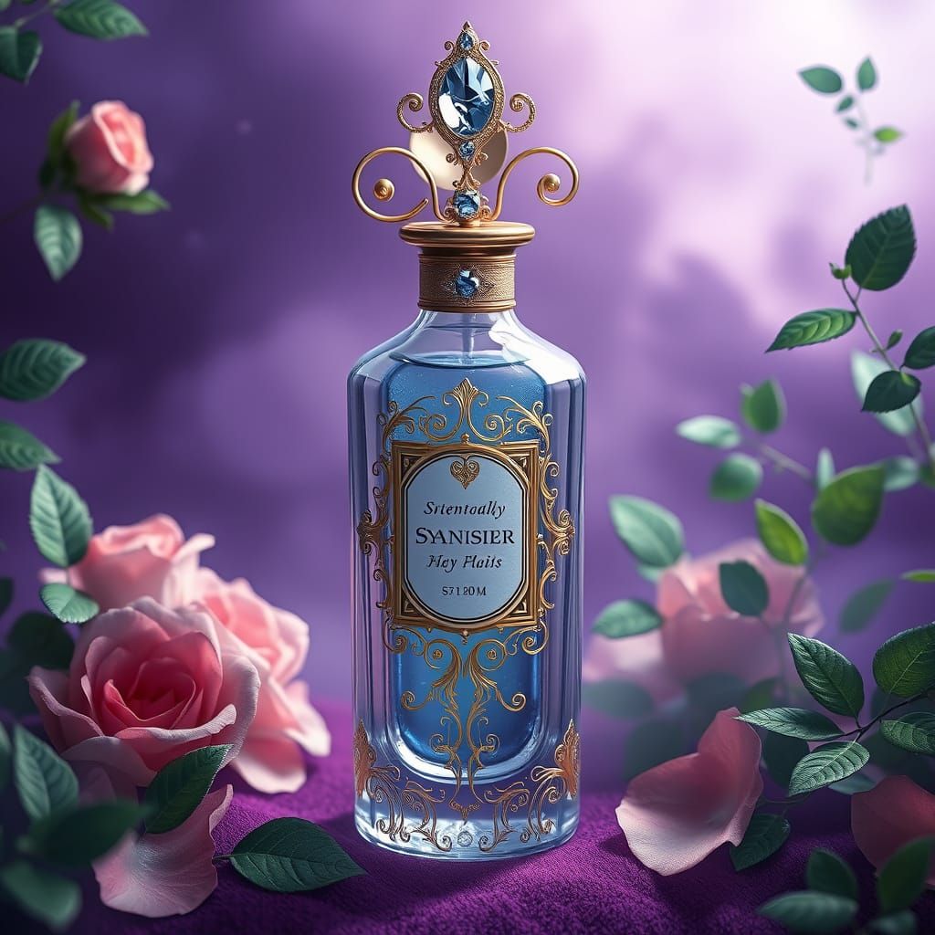 Elegant Perfume Bottle in a Dreamlike, Fantasy Landscape