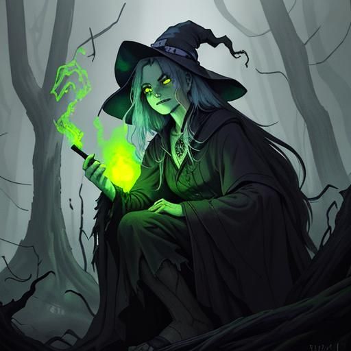Menacing Witch in Twisted Forest: Dark Fantasy Art