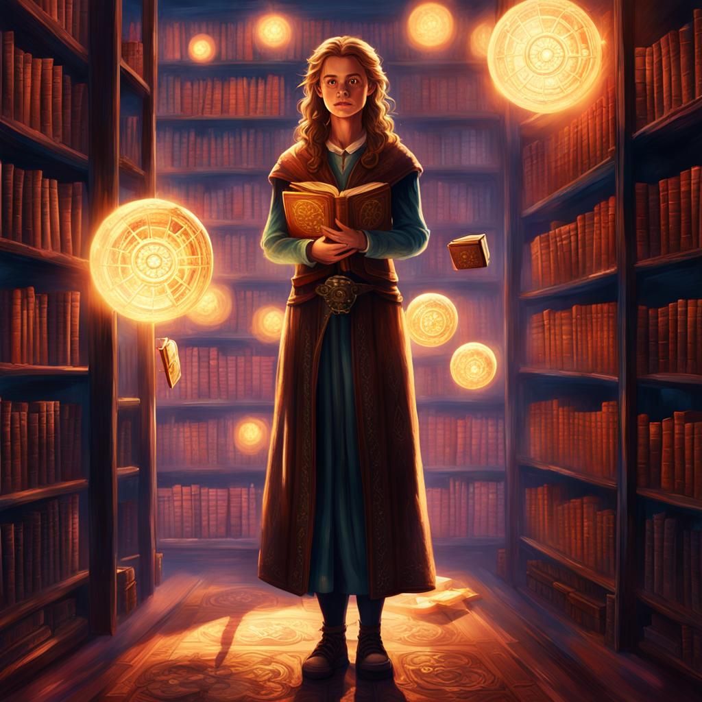 Hermione in Mystical Library: Fantasy Oil Painting