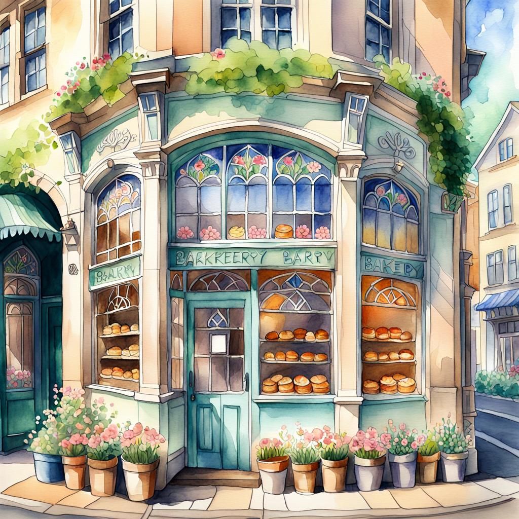 Whimsical Bakery Building with Stained Glass Window and Bloo...