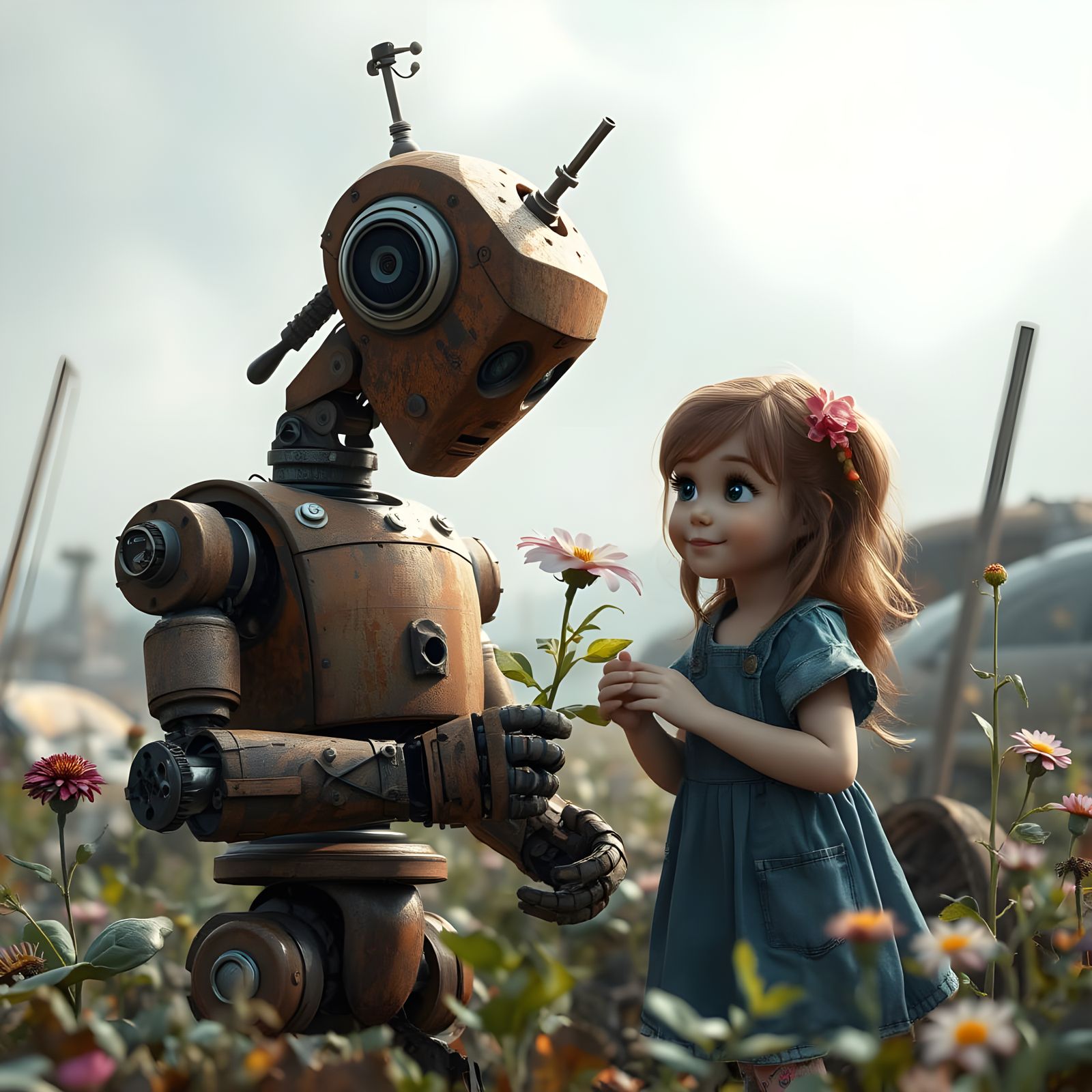 Rusty Robot Offers Flower to Delighted Girl in Hidden Garden