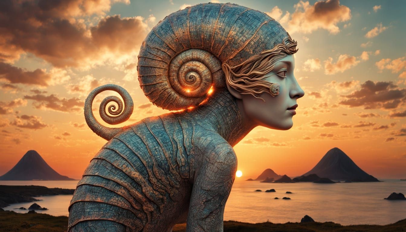 Surrealistic Hybrid Creature in Sunset Labyrinth