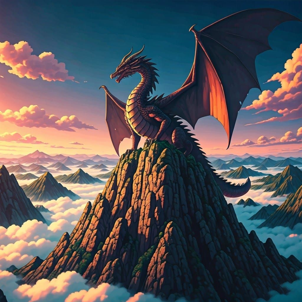 Dragon on Misty Peak in Anime Style