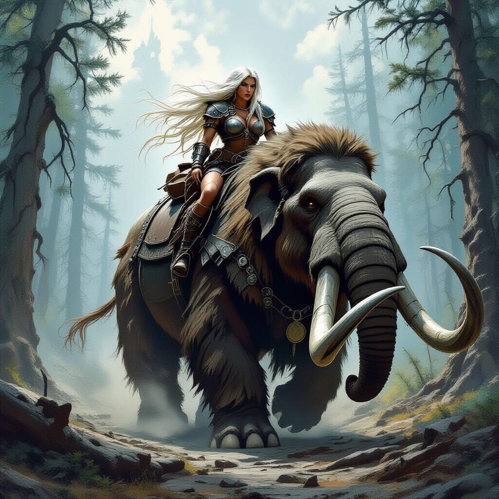 Barbarian Warrior Rides Mammoth Through Petrified Forest