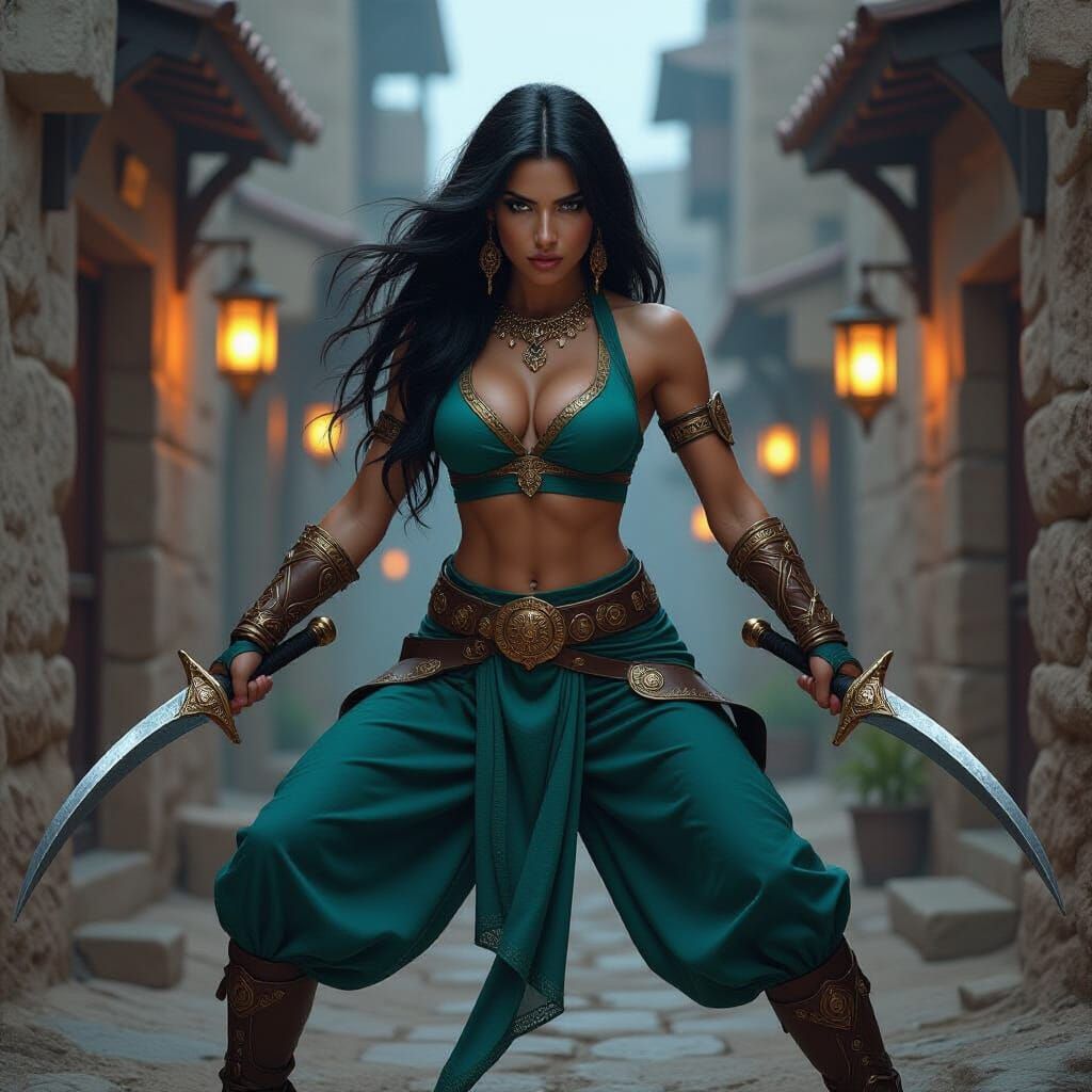 Female Warrior in Alleyway, Stalenhag-Frazetta Style