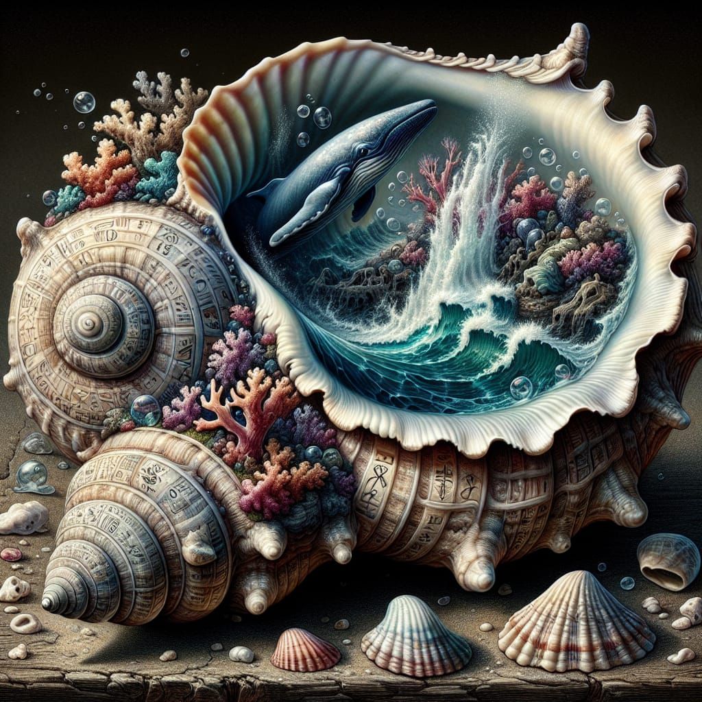 Miniature Coral Reef Inside Seashell: Hyperdetailed Illustra...