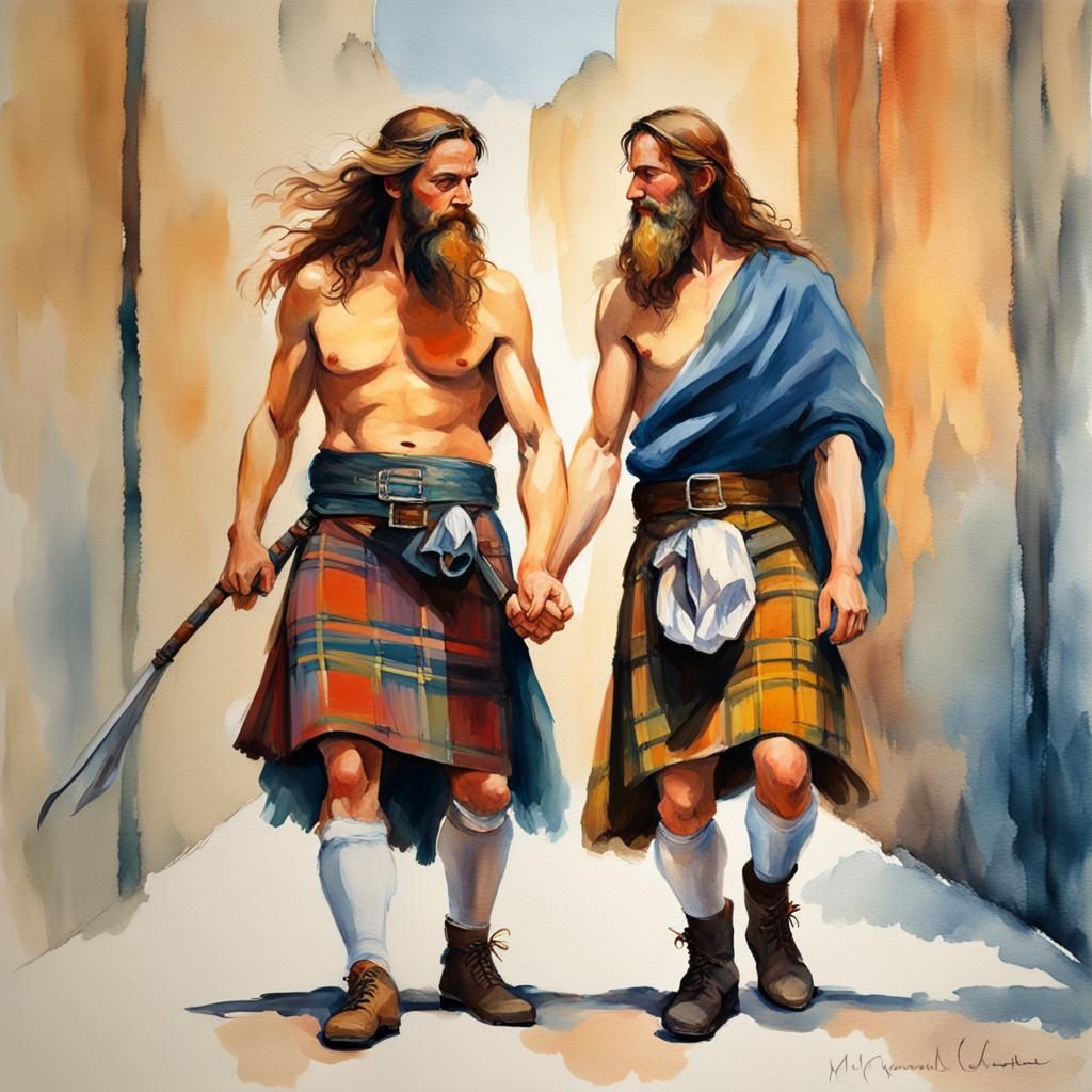 Happy Men in Kilts: Renaissance Gouache Masterpiece