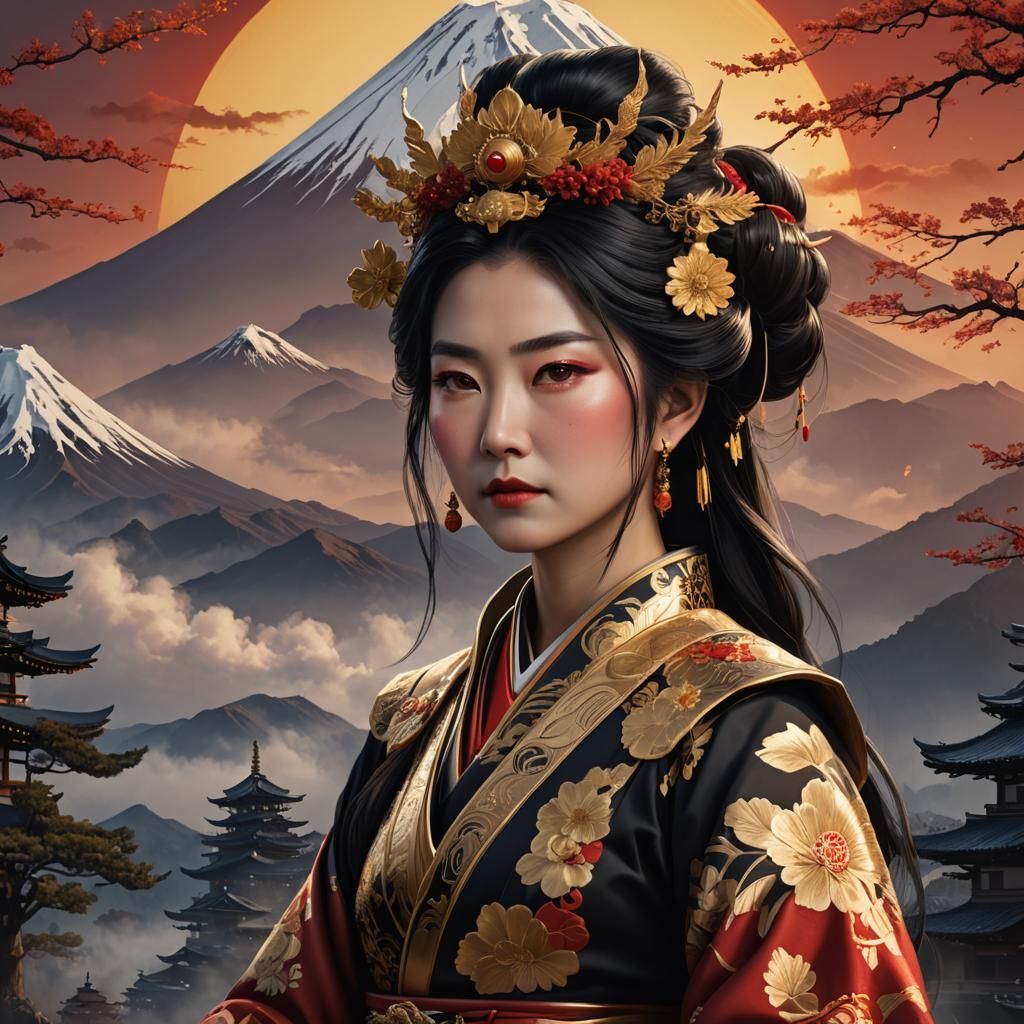 Japanese Empress Portrait with Mount Fuji