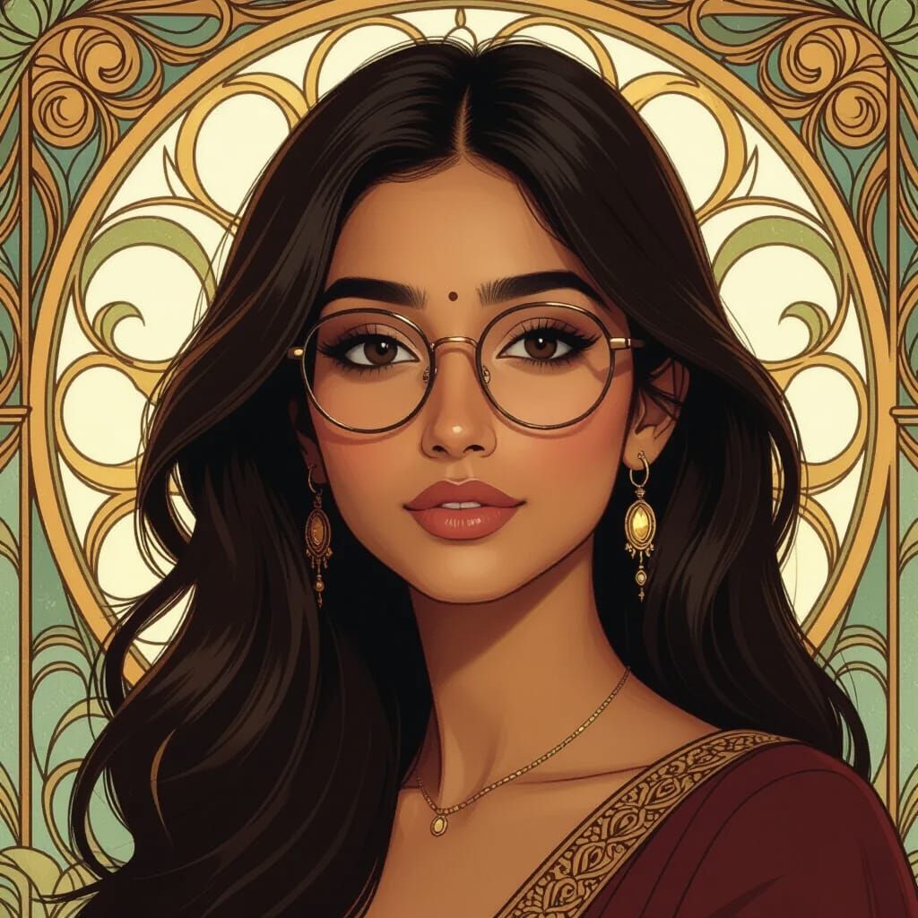 Indian Woman Sakshi With Glasses, Art Nouveau Portrait