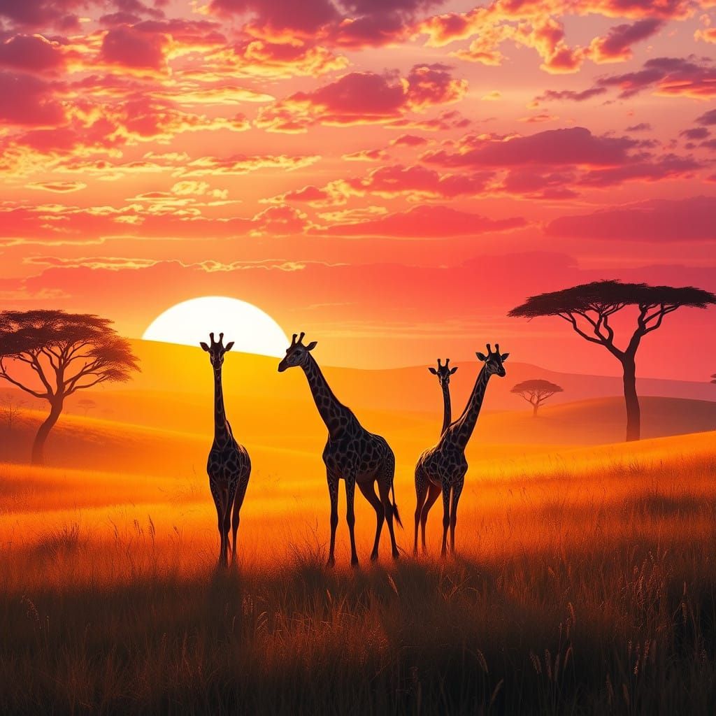 Giraffes Roam Sunset Savanna in Vibrant, Fantastical Atmosph...