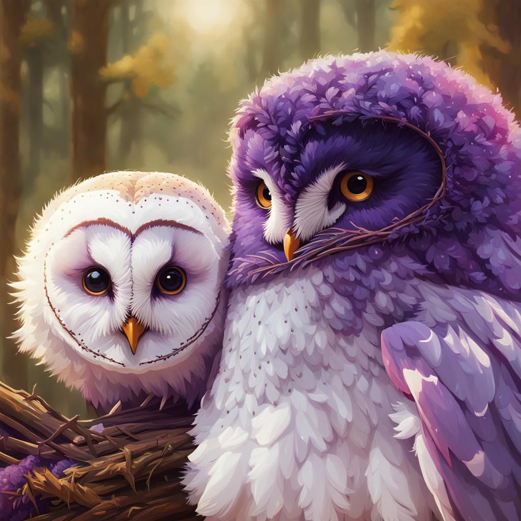 Purple Owls in Forest, Digital Art