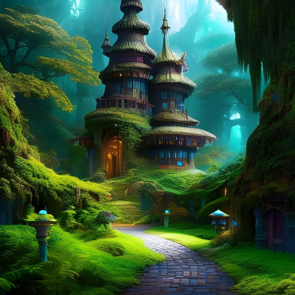 Ethereal Tree Village with Futuristic Train Station